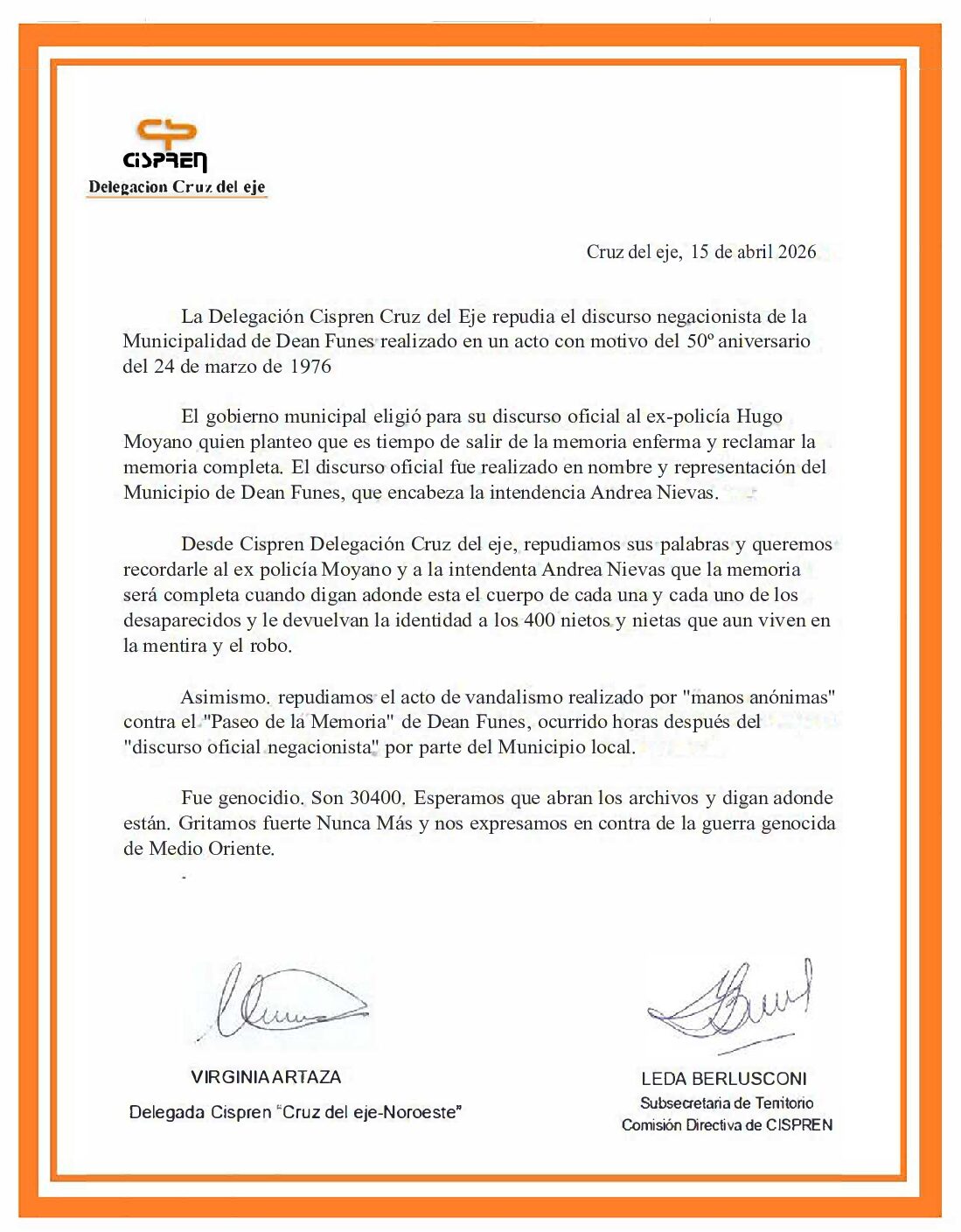 Repudio de la Delegación Cispren Cruz del Eje